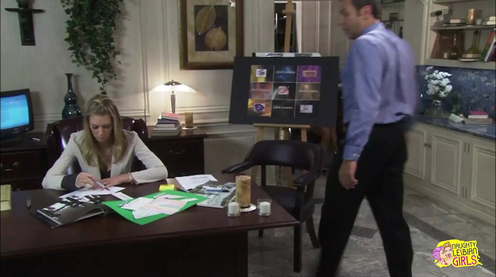 Lesbian office after lights with kissing, fingering,