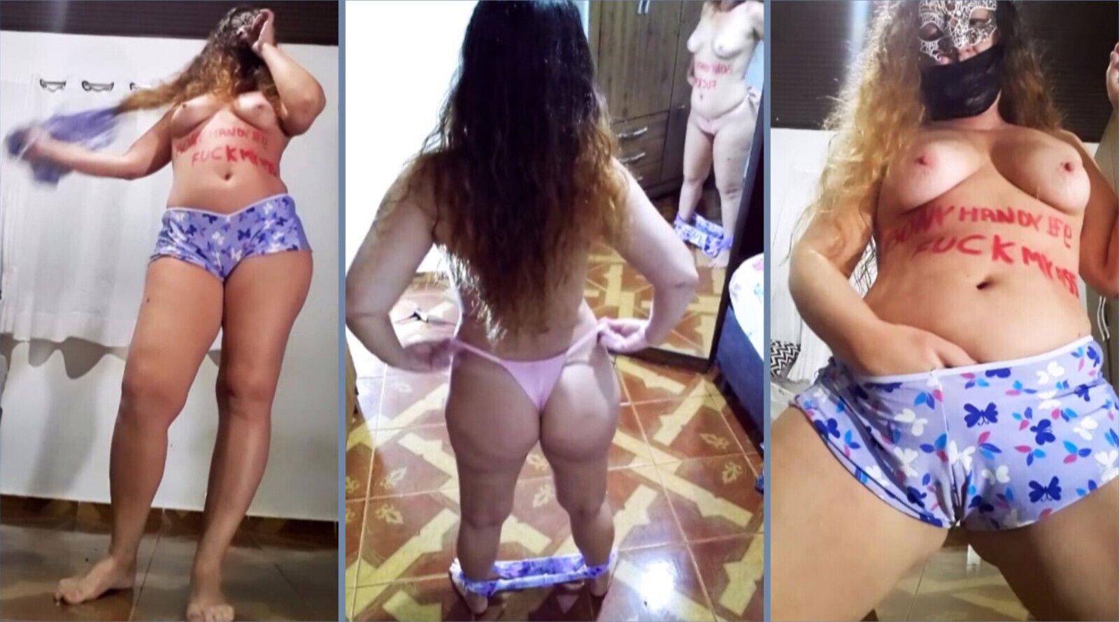 Taking clothes, blue doll shorts pink panties