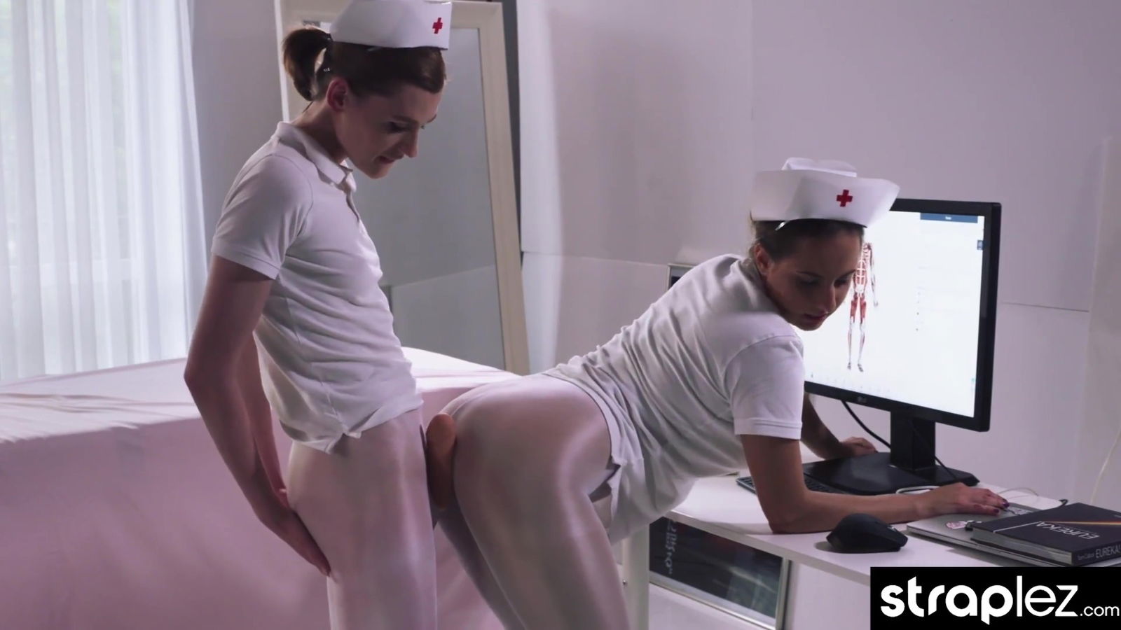 Rossy Bush In Sexy Fetish Nurse Fucks Her Colleague With A Squirting Dildo