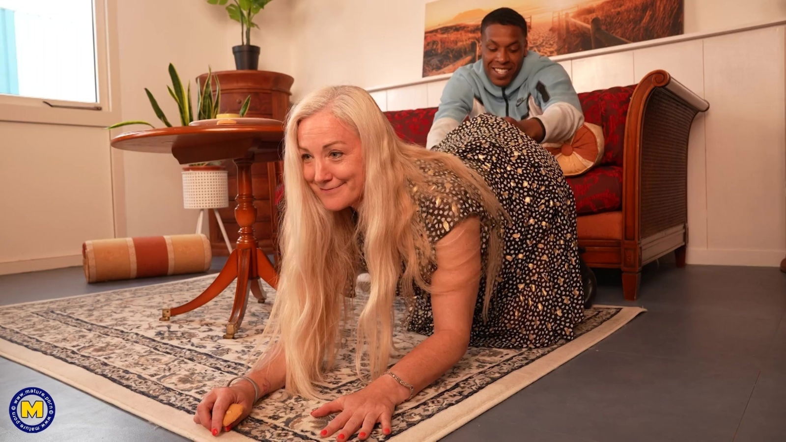 Mature Busty GILF meets blowjob couch