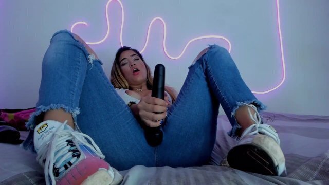 Sexy blonde having amazing orgasm with vibrator squirting blue jeans