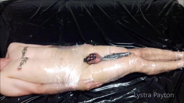 mistress wraps slave plastic wrap tortures with vibrations full testicles