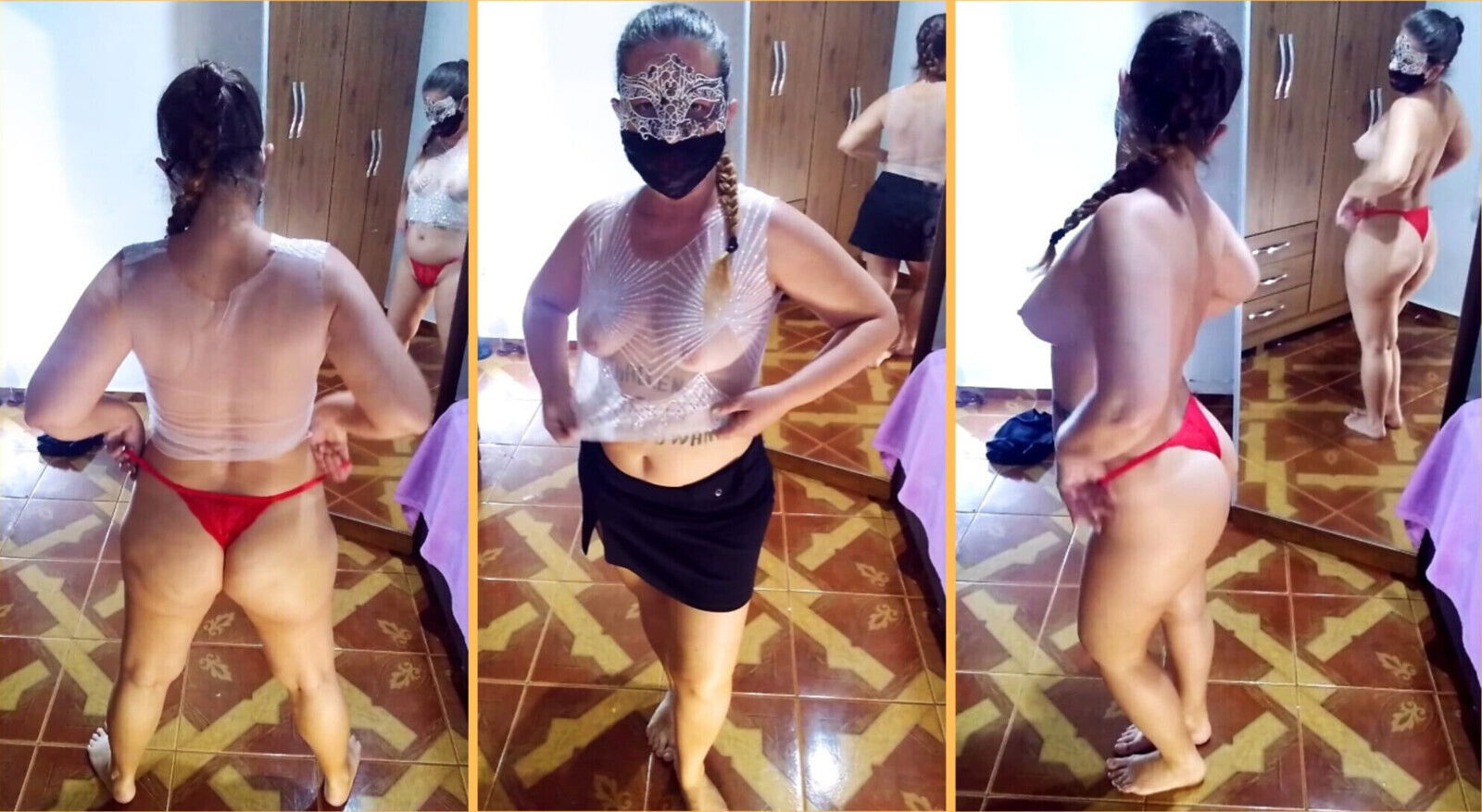 Undressing, black skirt, transparent white blouse panties