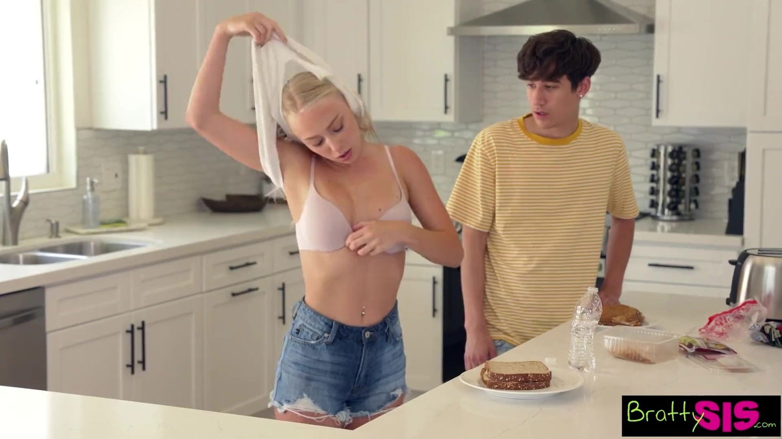 Teeny stained t-shirt while cooking stepbro fucked