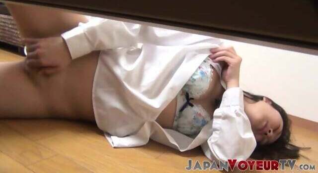 Japanese white shirt lays down teases pussy
