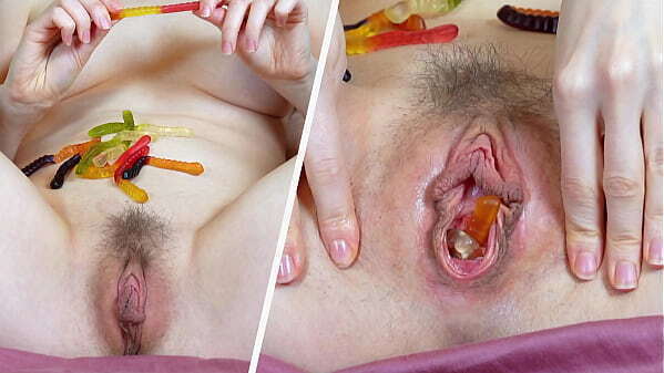 Neighbour preparing cummy gummies inserting candies pussy butthole flavour