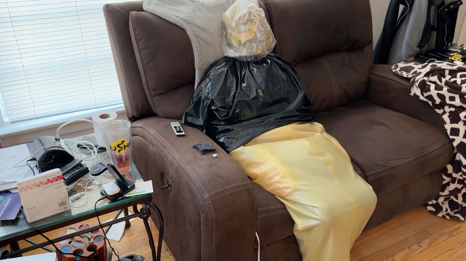 Duffel Bagged latex sack breathing sweaty hiviz vest with punishment top, heavy bondage breathplay