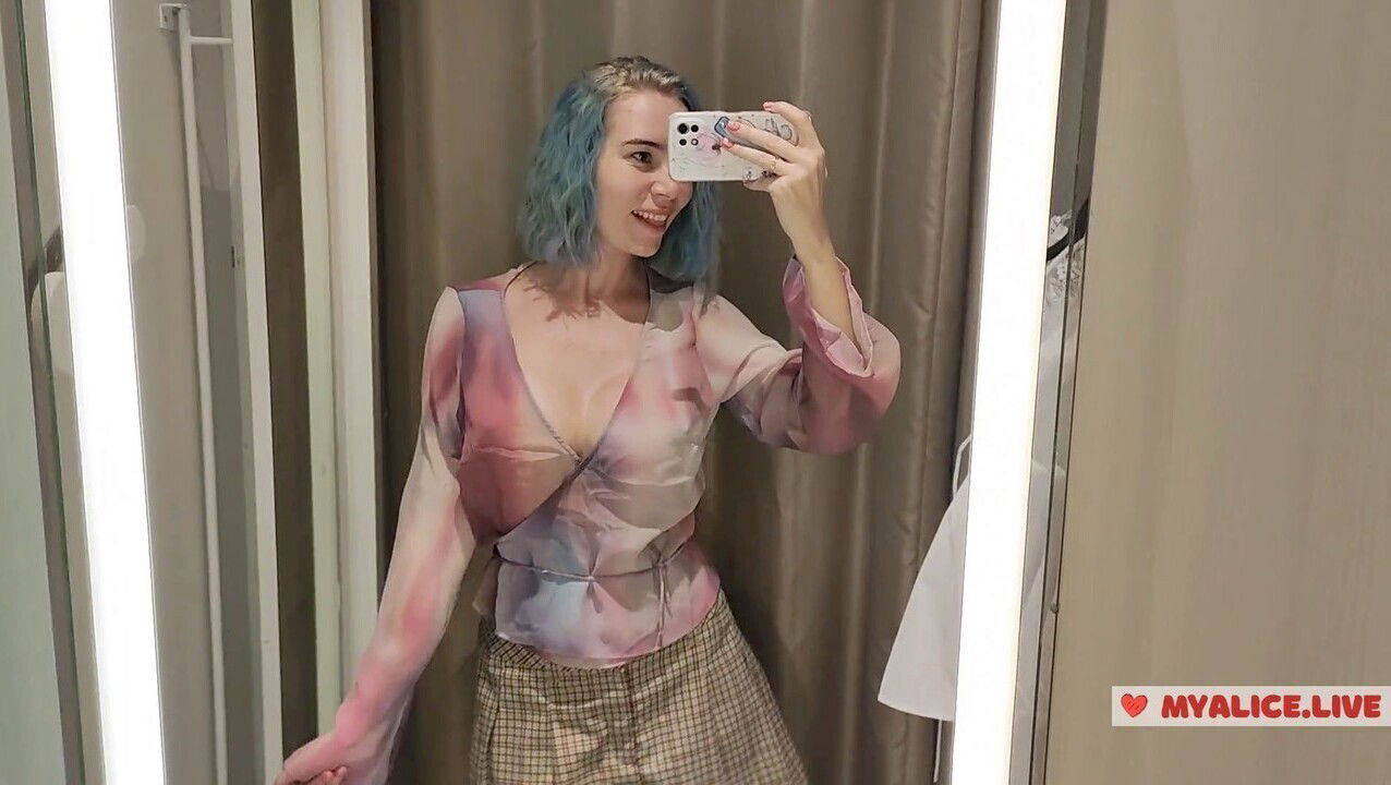 Trying sheer outfits mall dressing room seductive show