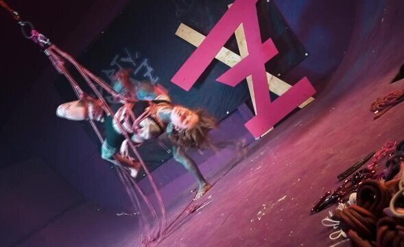 Tattooed Skinny Girl Suspended rope Bondage Shiabri BDSM