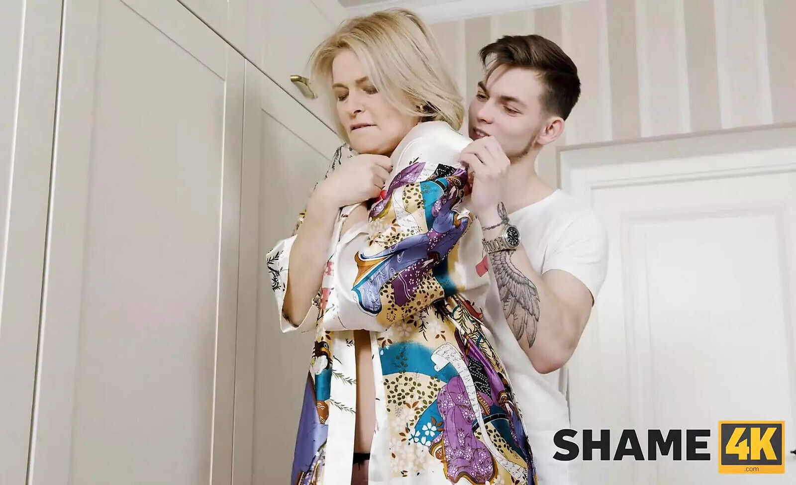 SHAME4K. Mature blonde woman cheats husband with friends stepson