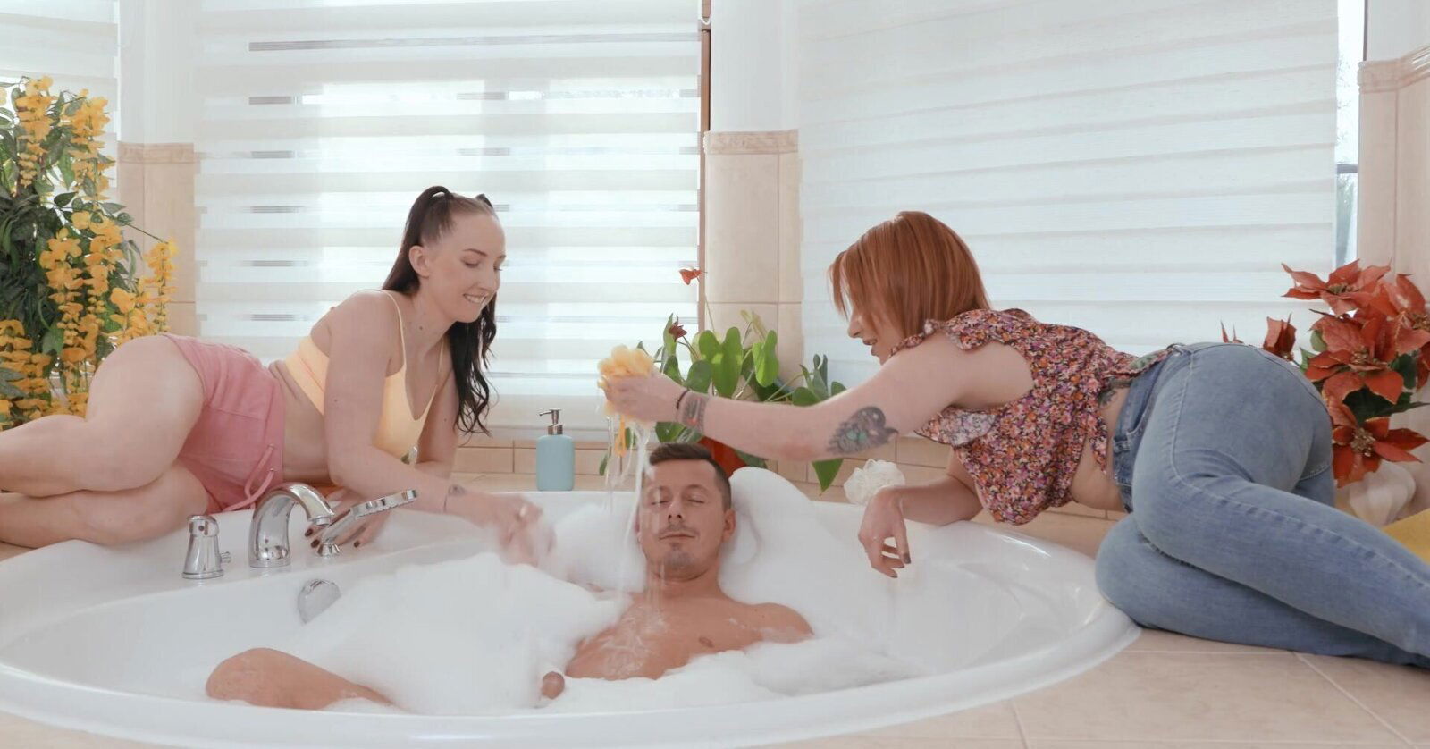 Bella Angel gives passionate blowjob bathroom