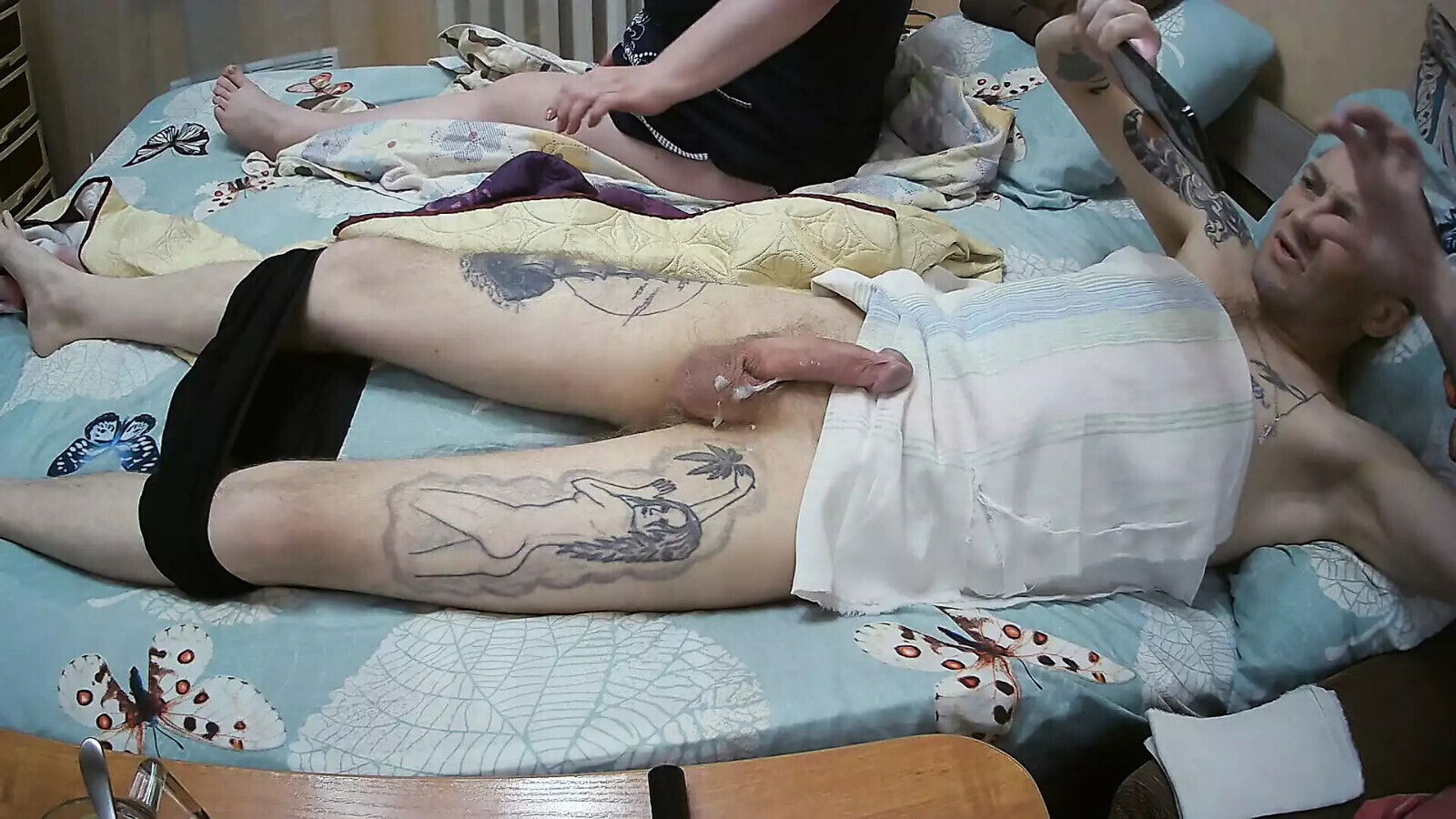 mother-in-law jerks dick watches sperm flow from penis