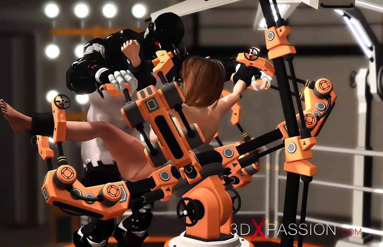 Fuck Machine Crazy Sex. Male Android Plays with Horny Girl Restraints