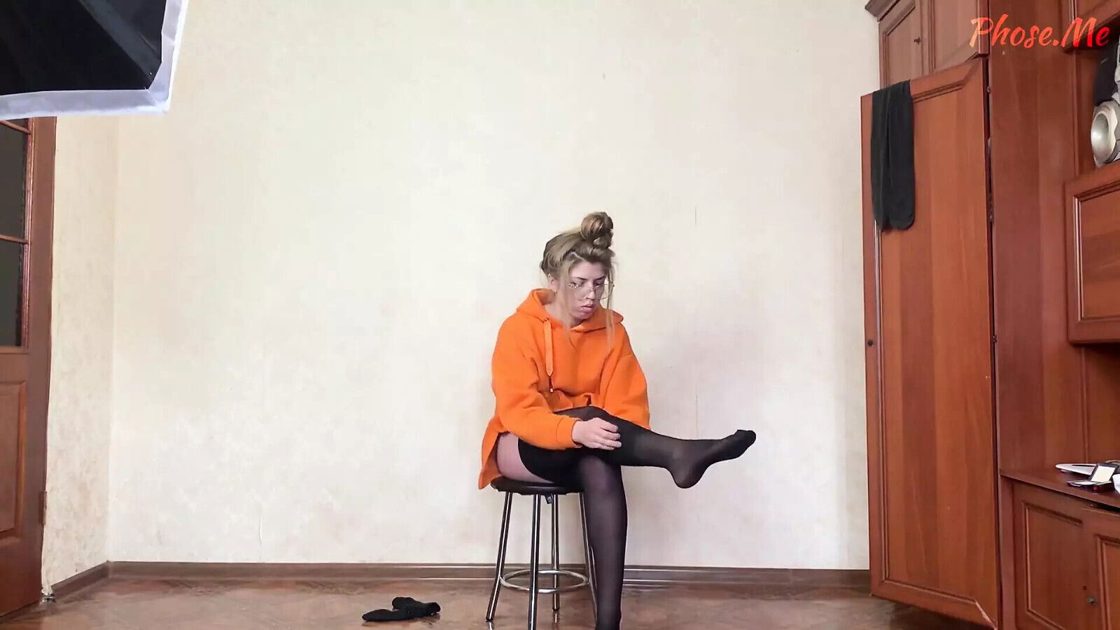 Putting Black Pantyhose Getting Ready with Hoodie